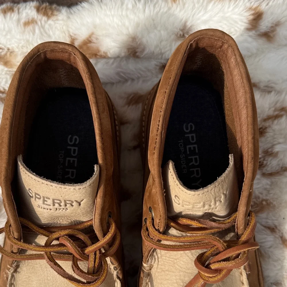 Sperry Brown and Tan Leather Moc Toe Chukka Boots